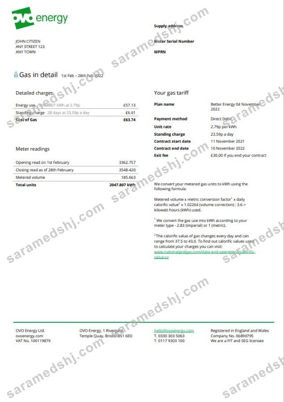 United Kingdom Ovo Energy utility bill, Word and PDF template